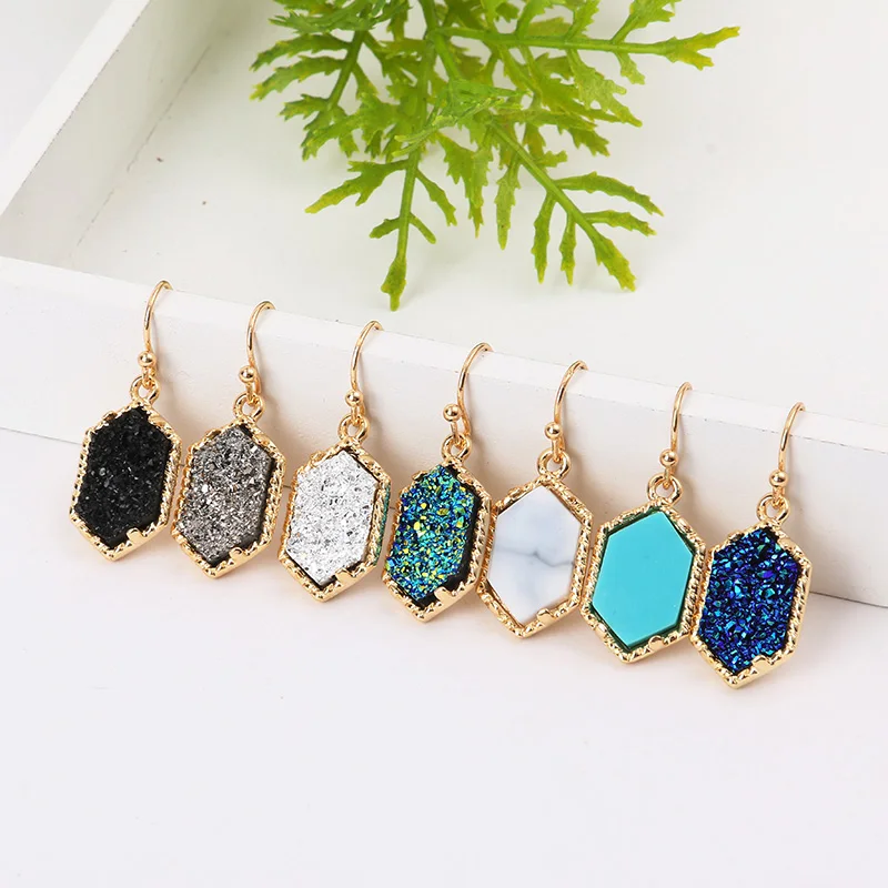 Drusy Hexagon Dangle Earrings Imitation Crystal Stone Druzy Earings Gold Silver Plated Brand Jewelry for Women
Drusy Hexagon Dangle Earrings Imitation Crystal Stone Druzy Earings Gold Silver Plated Brand Jewelry for Women