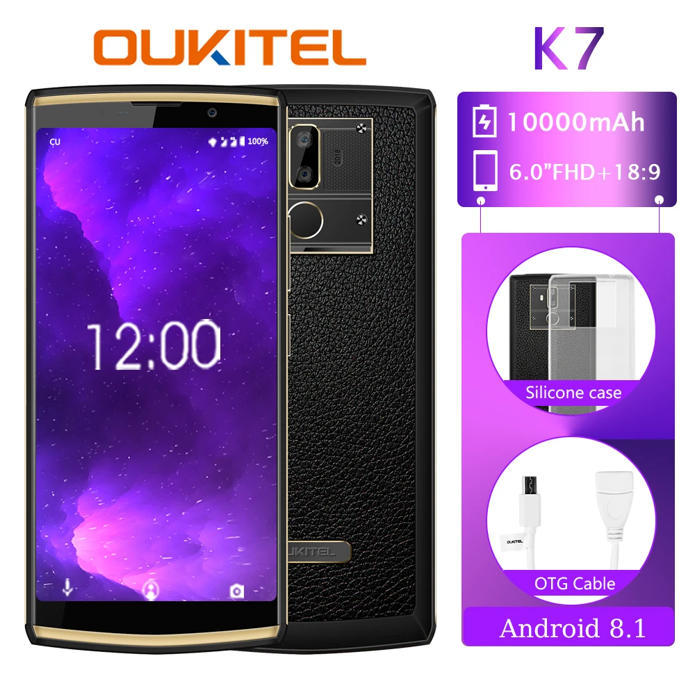 

OUKITEL K7 Android 8.1 6.0 Inch 18:9 Display 10000mAh 4GB RAM 64GB ROM 13MP+5MP MT6750T Quick Charge 4G Fingerprint Mobile Phone