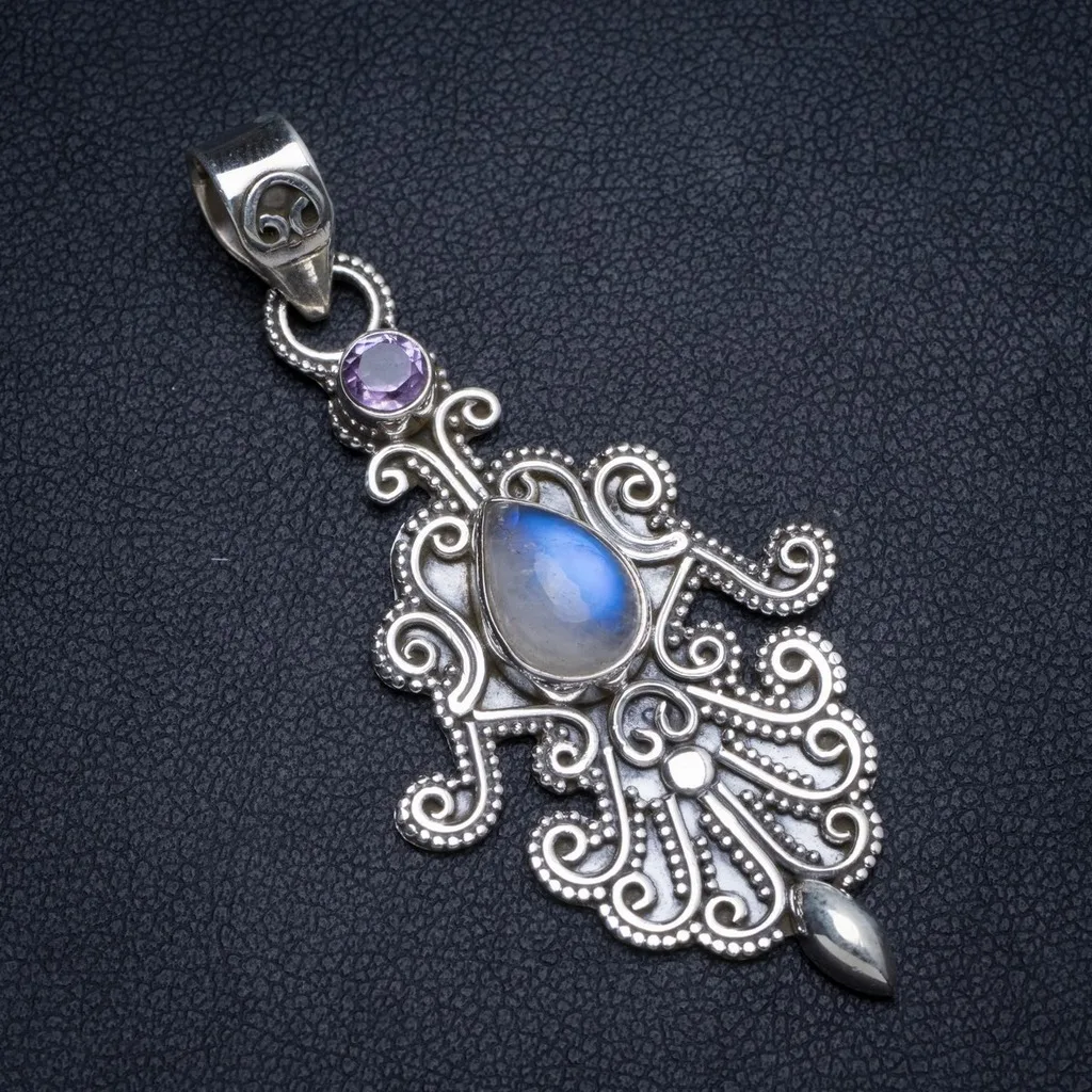 Natural Rainbow Moonstone and Amethyst Handmade Unique 925 Sterling Silver Pendant 2" X0113
Natural Rainbow Moonstone and Amethyst Handmade Unique 925 Sterling Silver Pendant 2" X0113