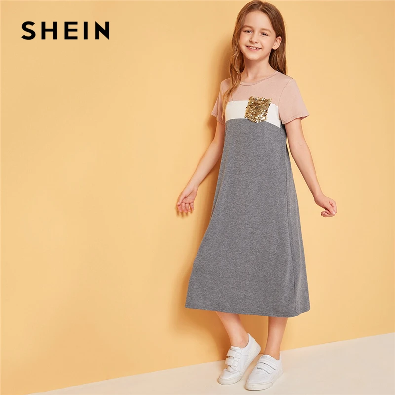 

SHEIN Kiddie Girls Sequin Pocket Patched Colorblock Long Tunic Dress Kids 2019 Summer Short Sleeve Children Casual Tee Dresses