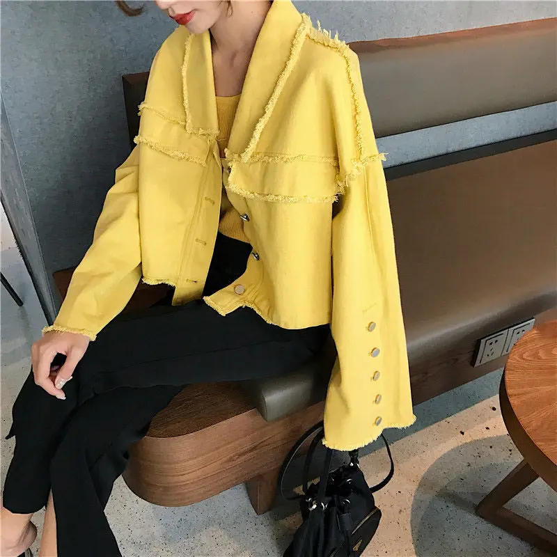 Yellow Denim Jacket Women Korean Casual Coat Fashion Vintage fringe Single-breasted Short Outerwear Harajuku Oversized Top f1284
Yellow Denim Jacket Women Korean Casual Coat Fashion Vintage fringe Single-breasted Short Outerwear Harajuku Oversized Top f1284