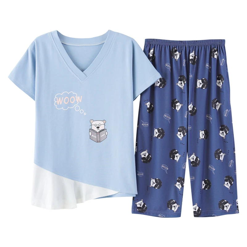 Short Sleeved Tops Calf-Length Pants Pajamas Sets Summer Cotton Women Pyjamas Sweet Girl Sleepwear Loungewear Femme Clothing
Short Sleeved Tops Calf-Length Pants Pajamas Sets Summer Cotton Women Pyjamas Sweet Girl Sleepwear Loungewear Femme Clothing