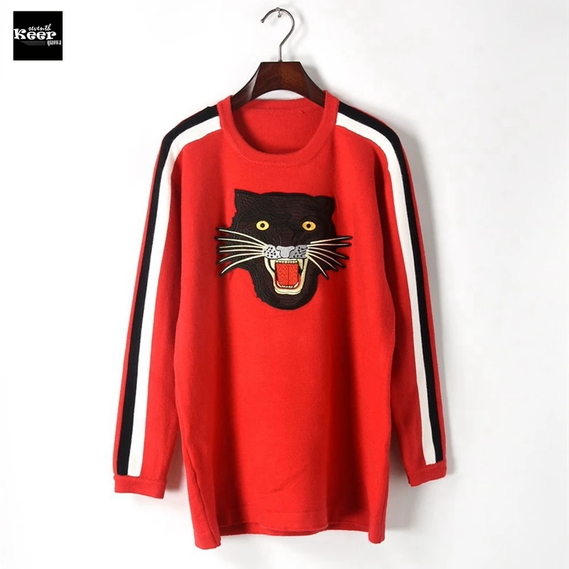 Image 2017 New Autumn Runway Designer  Women Pullover Panthers Embroidery Striped Red Sweaters Loose Warm Winter Knitted Top Jumper