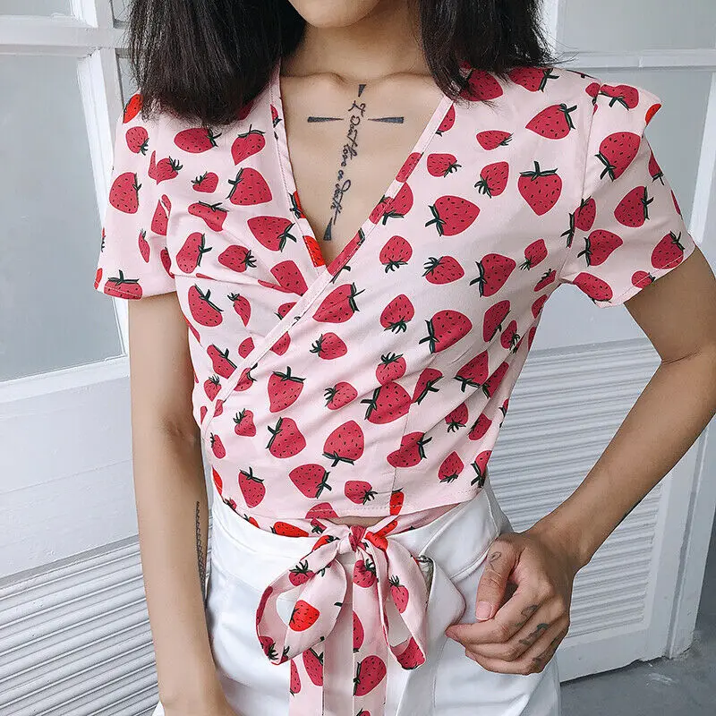 Summer Cute Women V Neck Short Sleeve Strawberry Print front Bandage Bowknot Hollow Crop Tops Short T-shirt
Summer Cute Women V Neck Short Sleeve Strawberry Print front Bandage Bowknot Hollow Crop Tops Short T-shirt