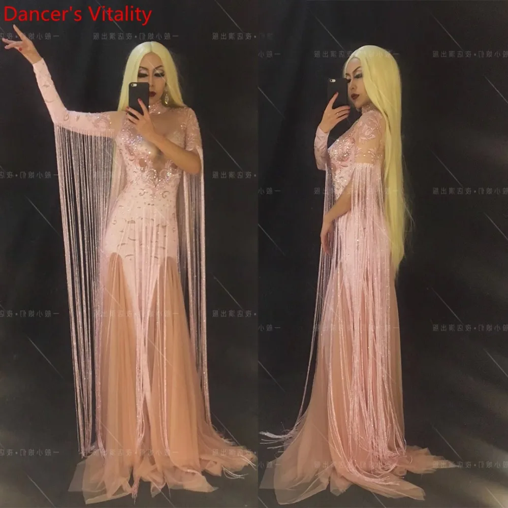 Elegant Long Tassel False Perspective Long Sleeves Rhinestone Pink Sheer Dress Women Singer DJ Pole Dance Performance Costume
Elegant Long Tassel False Perspective Long Sleeves Rhinestone Pink Sheer Dress Women Singer DJ Pole Dance Performance Costume