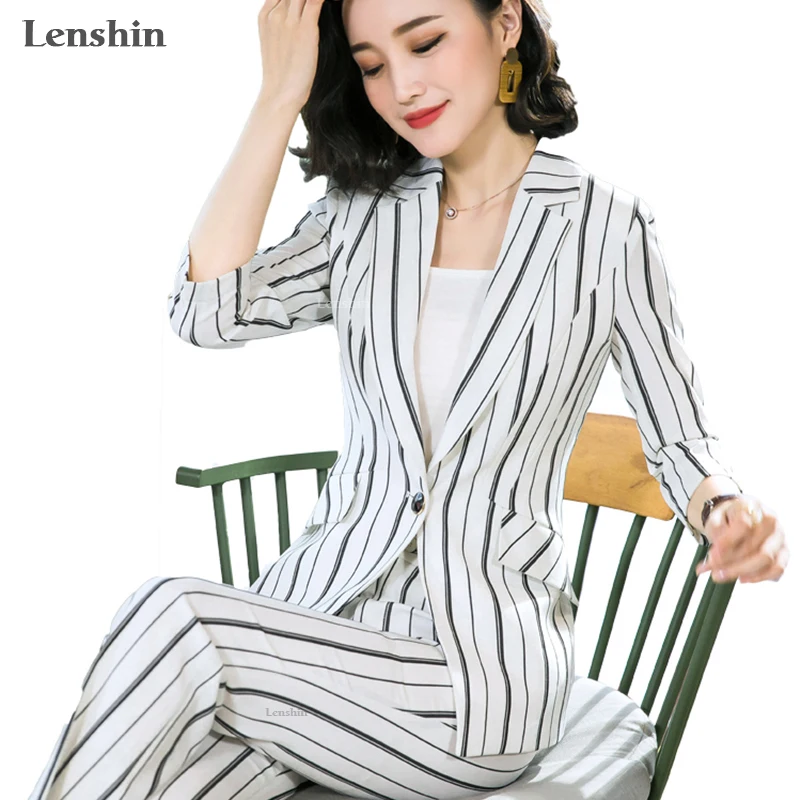 Lenshin 2 Pieces set Formal Striped Pant Suit Office Lady Uniform Designs for Women Business Suits Work Wear
Lenshin 2 Pieces set Formal Striped Pant Suit Office Lady Uniform Designs for Women Business Suits Work Wear