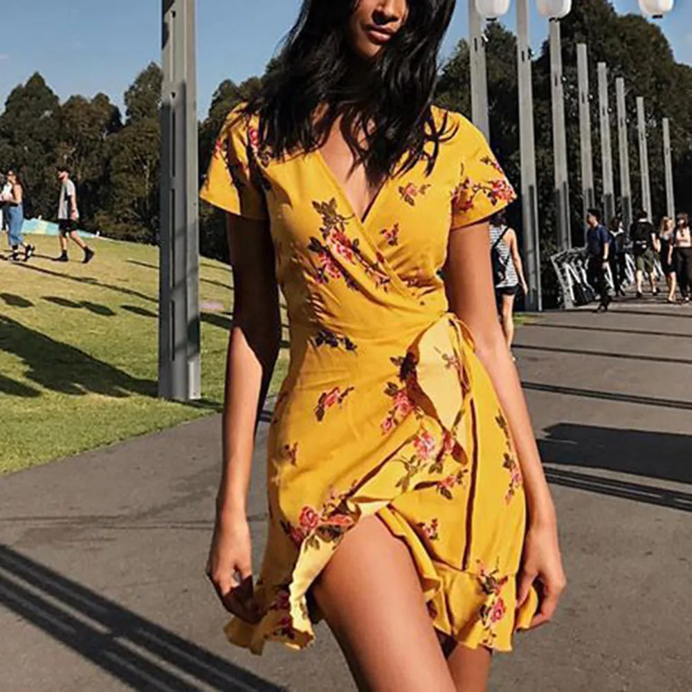 Women Bohemian V Neck Flower Print Short Sleeve Irregular Beach Dress Summer Dress Floral Sexy Mini Party Dress Yellow платье
Women Bohemian V Neck Flower Print Short Sleeve Irregular Beach Dress Summer Dress Floral Sexy Mini Party Dress Yellow платье