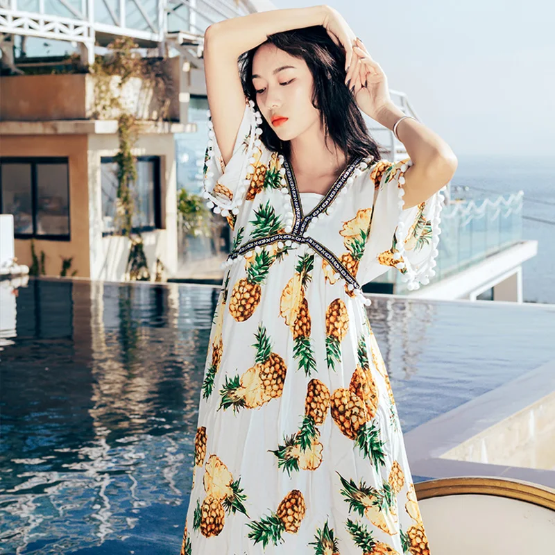 Tropical Pineapple Fruit Dresses For Women Short Sleeve v Neck Long Chiffon Dress Casual Holiday Beach Wear Boho Dress Female
Tropical Pineapple Fruit Dresses For Women Short Sleeve v Neck Long Chiffon Dress Casual Holiday Beach Wear Boho Dress Female