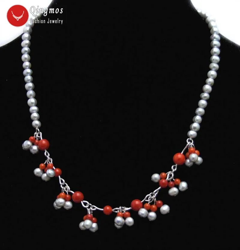 

Qingmos Trendy Natural Pearl Chokers Necklace for Women with 5-6mm Gray Pearl and 3-7mm Red Coral 17'' Pearl Necklace nec6321
