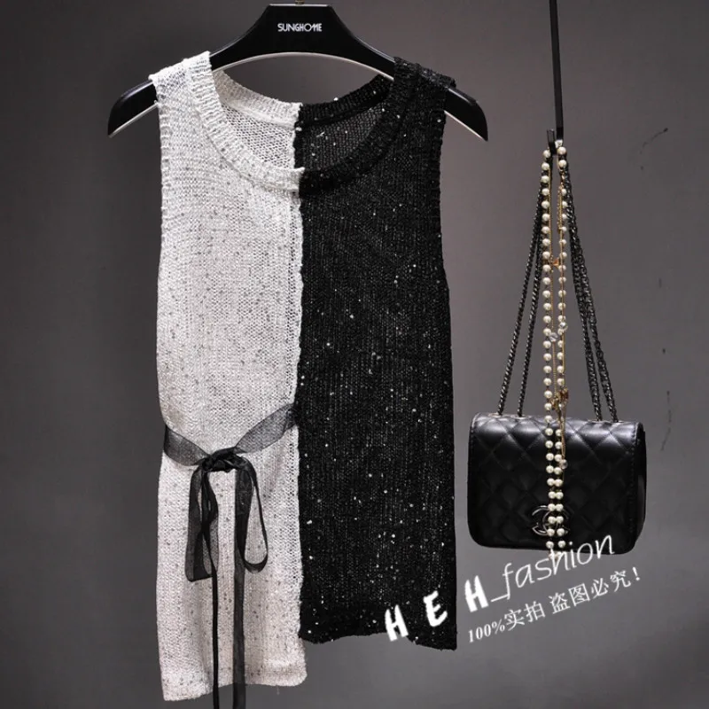 Women Sequined Knitted Tank Hit Color Camisole Sleeveless Pullover Shirts Bling Crocheted Vest Sashes Slim Tanks Tops with Belt
Women Sequined Knitted Tank Hit Color Camisole Sleeveless Pullover Shirts Bling Crocheted Vest Sashes Slim Tanks Tops with Belt