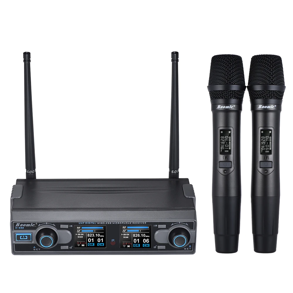 D-332 Professional Dual Channel UHF Digital Wireless Handheld Microphone System 2 Microphones & 1 Receiver 6.35mm Audio Cable
D-332 Professional Dual Channel UHF Digital Wireless Handheld Microphone System 2 Microphones & 1 Receiver 6.35mm Audio Cable