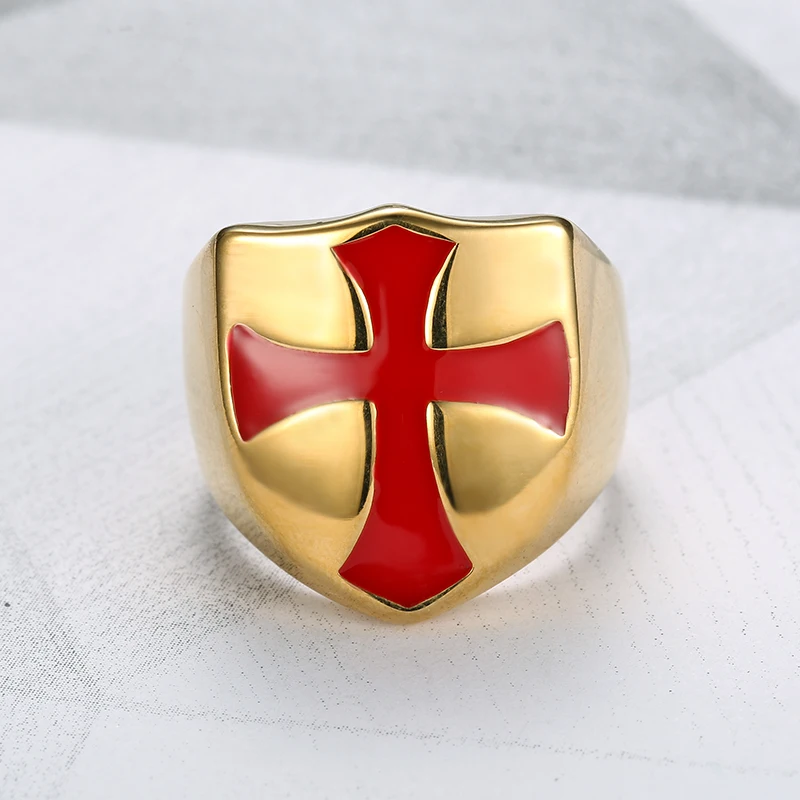 

Punk Men's 316L Stainless Steel Knights Templar Ring Red Cross Yellow Color Shield Rings Jewelry