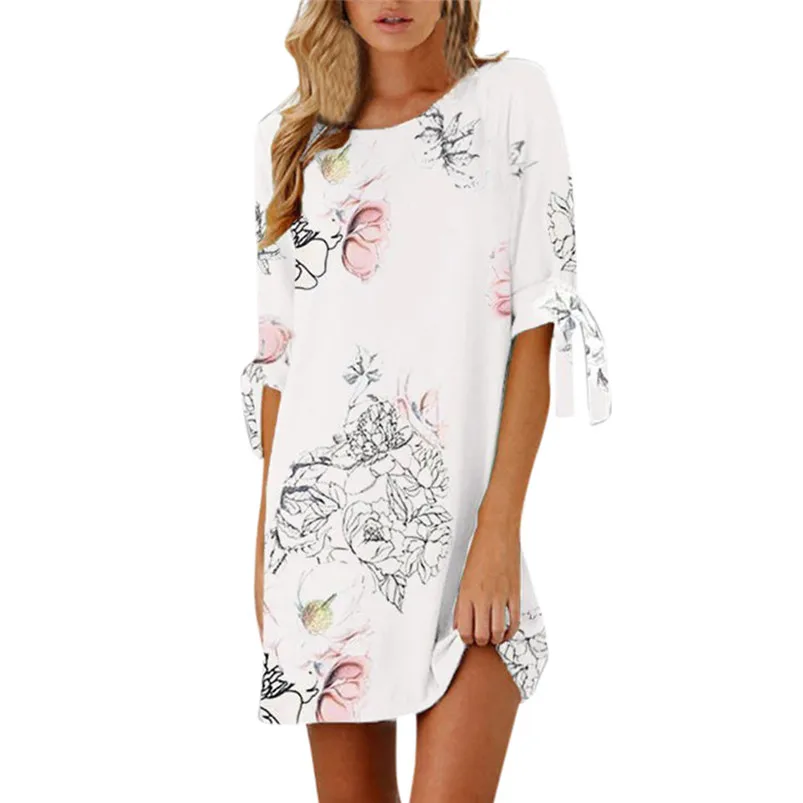 Fashion summer dress 2018 beach dress Women Summer Half Sleeve Bow Bandage Floral Striaght Casual Short Mini Dress robe J08#N (8)