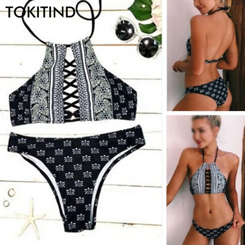 TOKITIND black High Neck Bikini Bandage Swimwear Cut Out Swimsuit Retro Halter Bikini Set Brazilian Printed Summer Beach Suit
TOKITIND black High Neck Bikini Bandage Swimwear Cut Out Swimsuit Retro Halter Bikini Set Brazilian Printed Summer Beach Suit