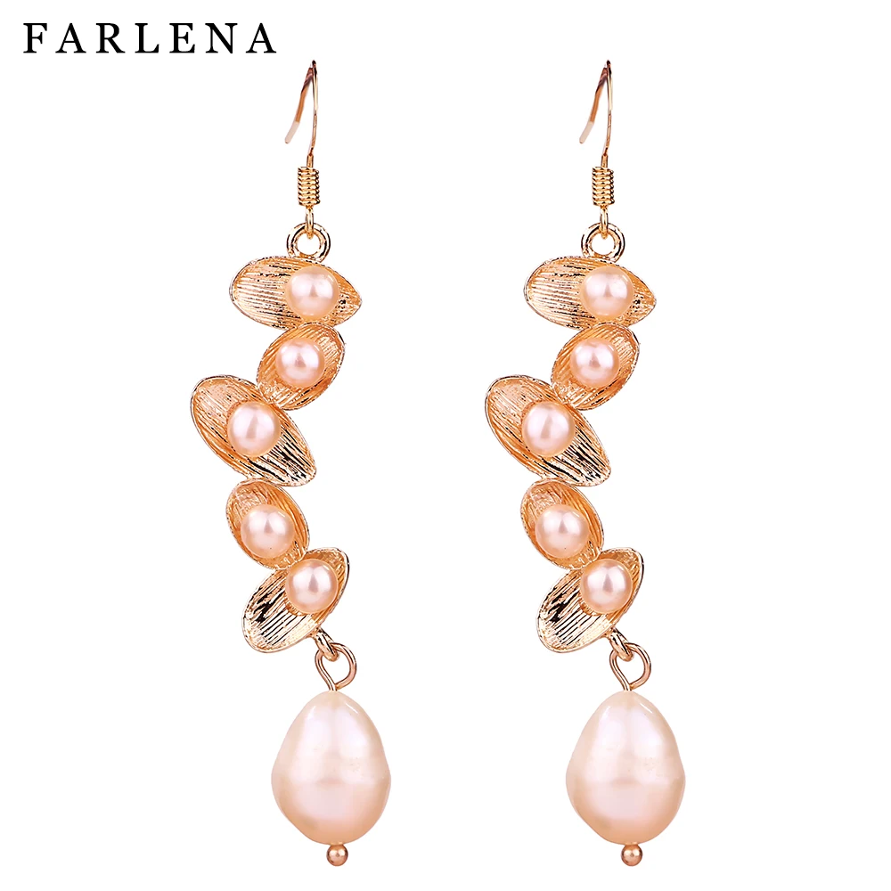 

FARLENA Original Design Natural Freshwater Baroque Pearl Earrings for Women Fashion Lotus leaf Drop Earrings long