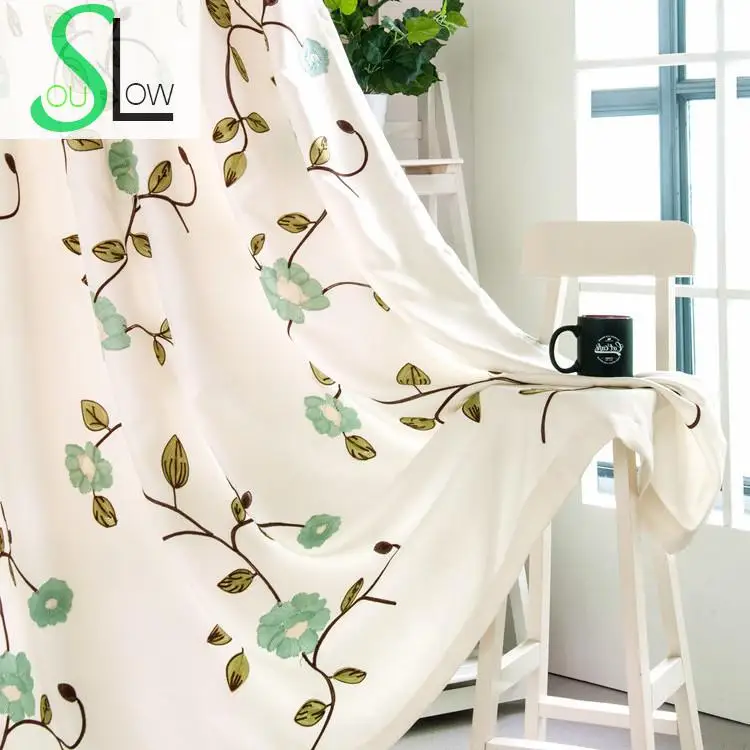 

Slow Soul Green Pink Floral Pastoral Cotton Embroidered Curtain Curtains For Living Room Tulle Kitchen Bedroom Blue Patterned