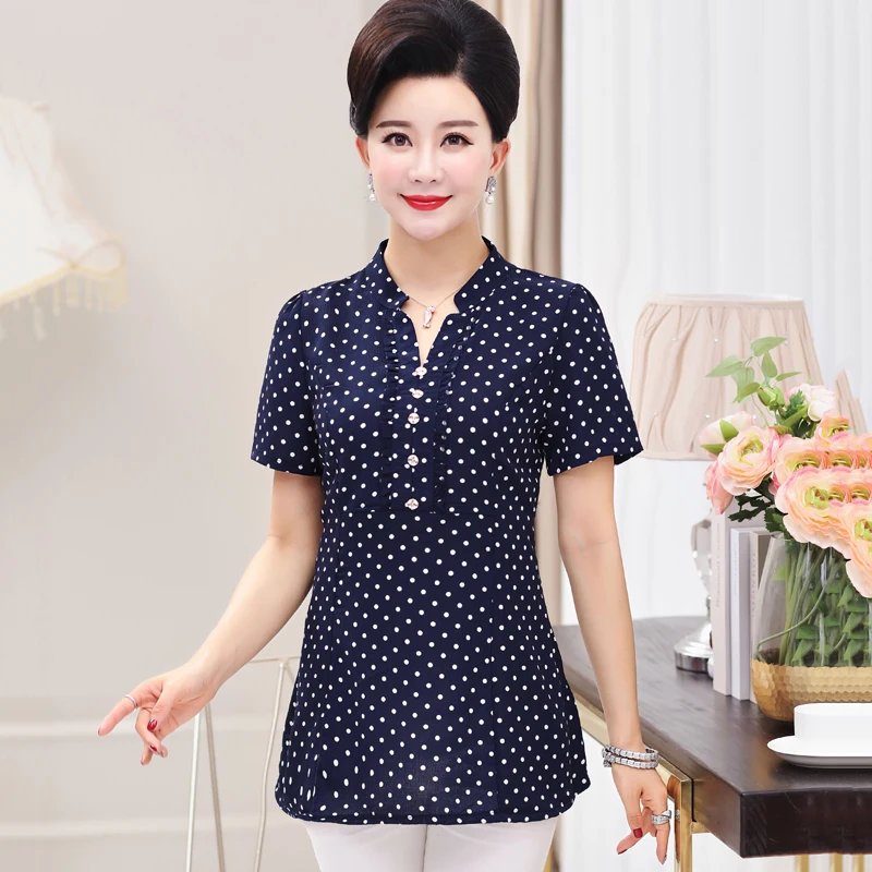 Summer Elegant Polka Dot Printed Women T shirt Tops 5XL Plus Size Mother Clothes Female Short Sleeve Buttons V-Neck Casual Tee
Summer Elegant Polka Dot Printed Women T shirt Tops 5XL Plus Size Mother Clothes Female Short Sleeve Buttons V-Neck Casual Tee