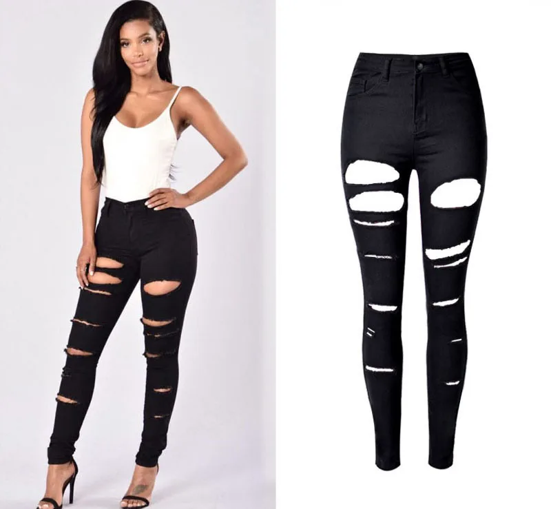 Women's personality hot style high-waisted stretch shows thin irregular broken pocket with large size denim trousers (3)