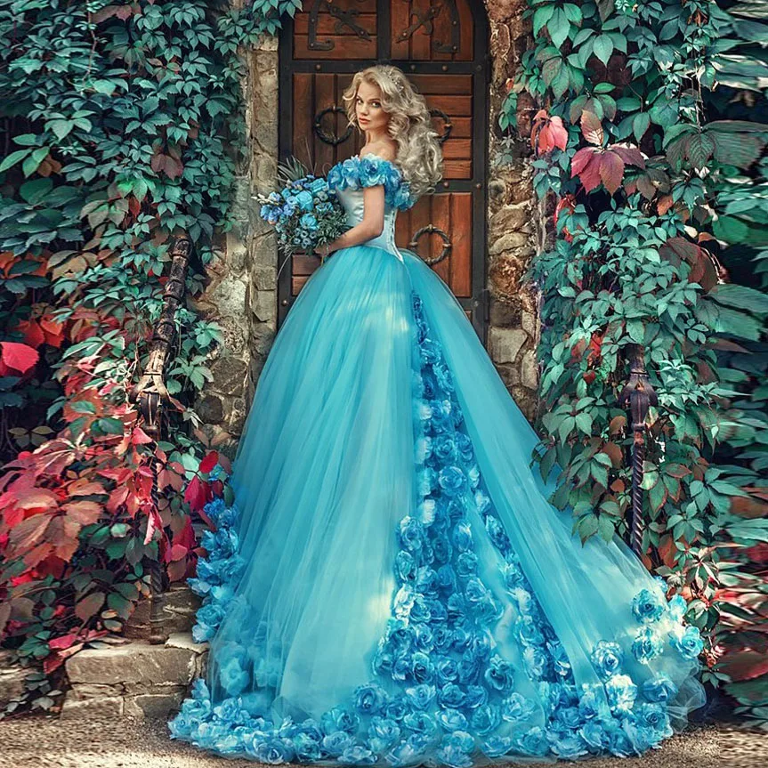 

Pretty Turquoise 3D Rose Flower Prom Gowns 2018 Pricess Puffy Ball Gowns Tutu Long Formal Party Dresses Vestidos De Festa