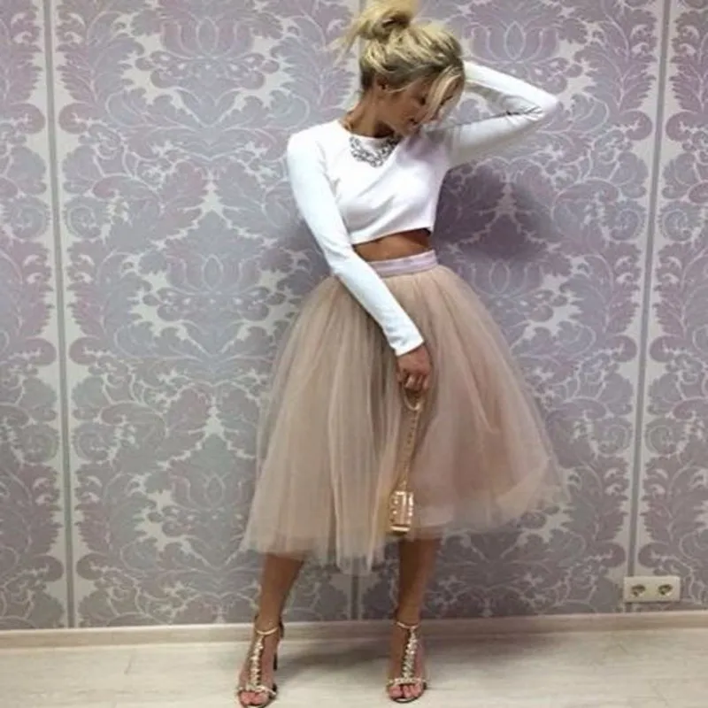 Image Champagne Tutu Skirt Band Zipper Waistline A Line Tee Length Midi Skirt Modest Women Skirts