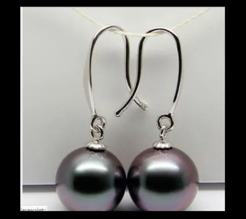 charming AAA++ 10-11mm tahitian round black pearl earring 14K/20
