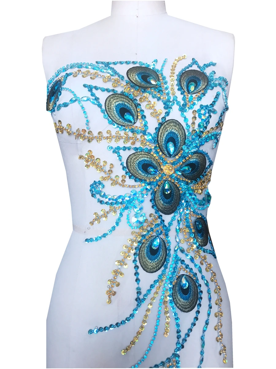 sew on light blue rhinestones applique on white mesh crystal trim Peacock feather patches for dress 59*34cm
sew on light blue rhinestones applique on white mesh crystal trim Peacock feather patches for dress 59*34cm