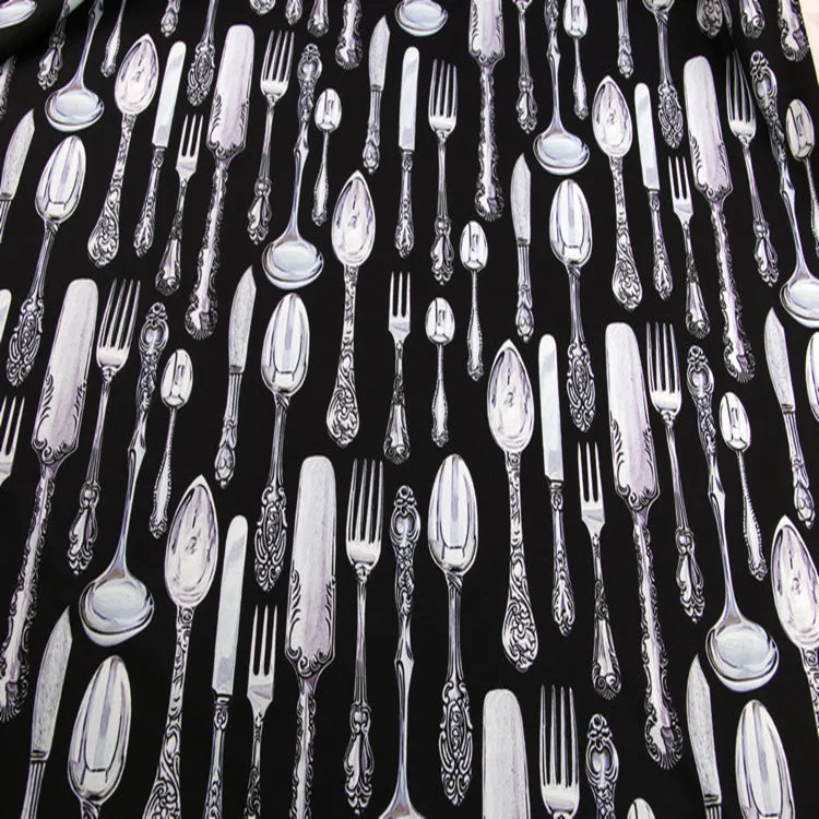 Cutlery Print Knives and Forks Spoons Black Stretch Polyester Cady Linen Fabric for Woman Summer Dresses Skirts Shirts DIY-AF472
Cutlery Print Knives and Forks Spoons Black Stretch Polyester Cady Linen Fabric for Woman Summer Dresses Skirts Shirts DIY-AF472