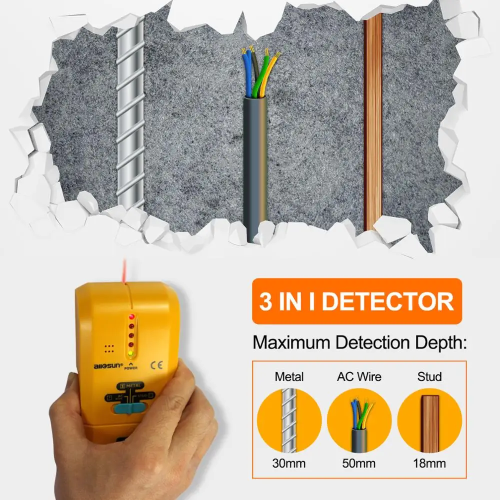 all-sun TS73 Handheld 3in1 Detector Find Metal Wood Studs AC Voltage Live Wire Wall Scanner Electric Box Finder Tester Groove
all-sun TS73 Handheld 3in1 Detector Find Metal Wood Studs AC Voltage Live Wire Wall Scanner Electric Box Finder Tester Groove