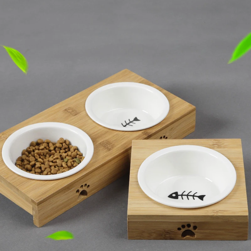 

Cat Dog Feeders Bowl Pet Single Double Food Water Bowls Ceramic Tableware Bamboo Frame Antiskid Pets Supplies Accessories Items