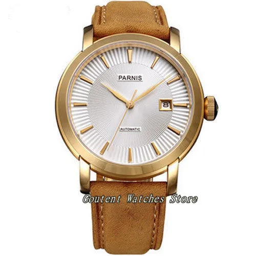 40mm Parnis White Dial Sapphire Glass Gold Case Leather Strap Automatic Movement Men's Watch
40mm Parnis White Dial Sapphire Glass Gold Case Leather Strap Automatic Movement Men's Watch