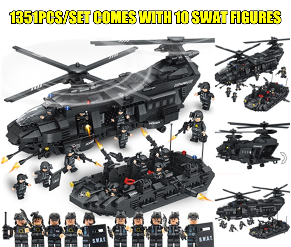 New 1351PCS SWAT Team Transport Helicopter fit Legoed SWAT Military City Police figures Building Blocks bricks Kid Gift Toys
New 1351PCS SWAT Team Transport Helicopter fit Legoed SWAT Military City Police figures Building Blocks bricks Kid Gift Toys