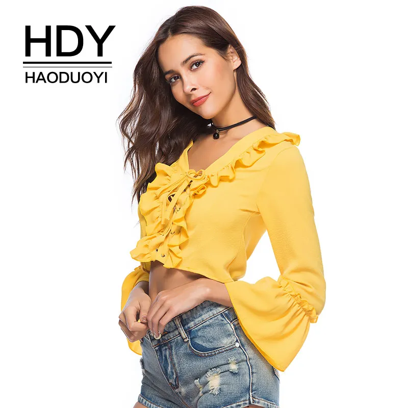 HDY Haoduoyi/желтая блузка с длинными расклешенными рукавами и оборками укороченный