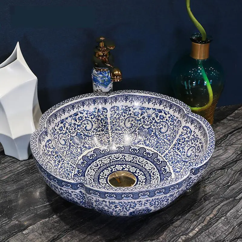 Blue And White Porcelain ceramic Basin, Jingdezhen Ceramic Washbasin, Chinese Basin Flower shape Art Basin, Vessel Sink basin
Blue And White Porcelain ceramic Basin, Jingdezhen Ceramic Washbasin, Chinese Basin Flower shape Art Basin, Vessel Sink basin