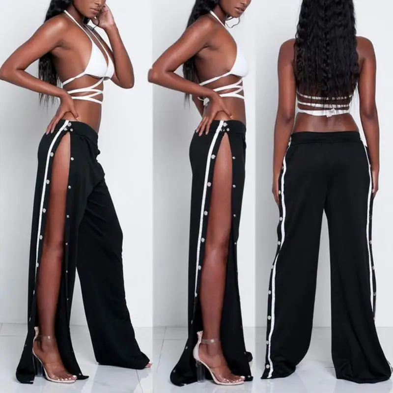 Discount 2017 Fashion Novelty Side Open Push Button Women Wide Leg