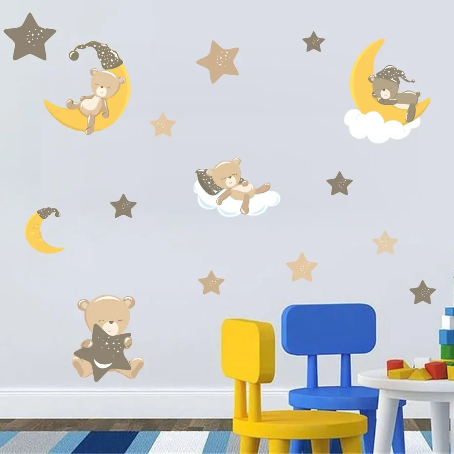 Brown Teddybears Stars Moons Decals Vinyl Sticker For Kids Nursery Bedroom Modern Wall Art Murals Removable Wallpaper Home Decor (4)