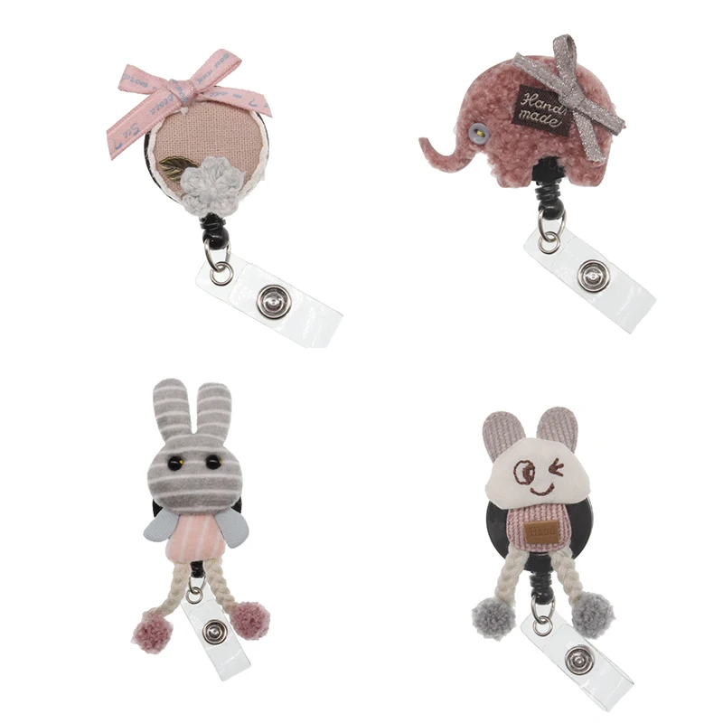 100pcs/lot free shipping 4kinds cute design cartoon rabbit fabric Felt Retractable id badge holder reel for nurse/gift | Украшения и