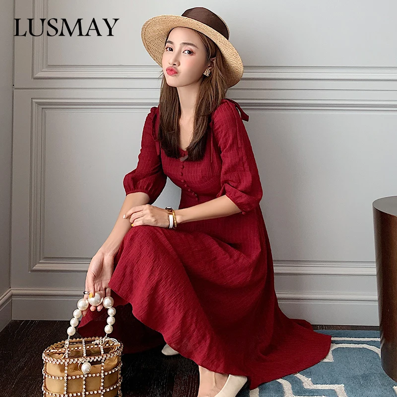 2019 Summer New Red Dress Short-sleeve V-neck Button-up Chiffon Dress Women's Colthing Casual Streetwear Long Dresses
2019 Summer New Red Dress Short-sleeve V-neck Button-up Chiffon Dress Women's Colthing Casual Streetwear Long Dresses