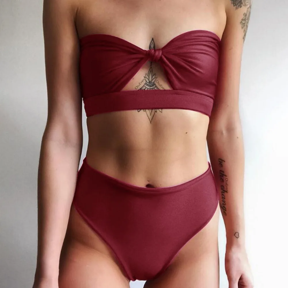 

New Bandeau Bikini 2018 Solid Color Swimwear Women High Waist Tankini Sexy Bathing Suit Female Swimming Brazilian Strapless Suit