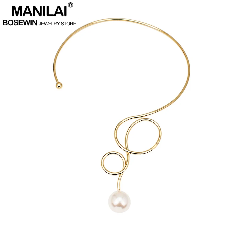 MANILAI Imitation Pearl Torque Choker Necklace For Women Accessories Geometric Charm Alloy Big Statement Jewelry Design | Украшения и