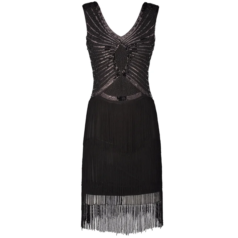 Women Little Black Dress V Neck Back Sleeveless 1920s Style Inspired Charleston Sequin Layer Tassel Great Gatsby Flapper | Женская