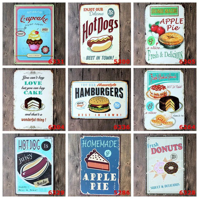 Image 50pcs Food Cake HOT DOG Vintage Craft Tin Sign Metal Painting Antique Iron Poster Bar Pub Signs Wall Art Sticker 20x30CM ZA1534