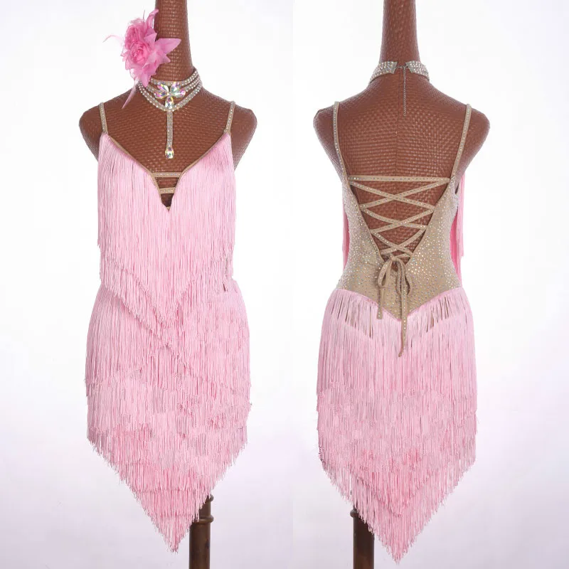 2019 New Fringed Latin Dance Dress Women Pink Sasa Skirt Hot Drilling Deep V Open Back Dresses Female Costumes | Тематическая