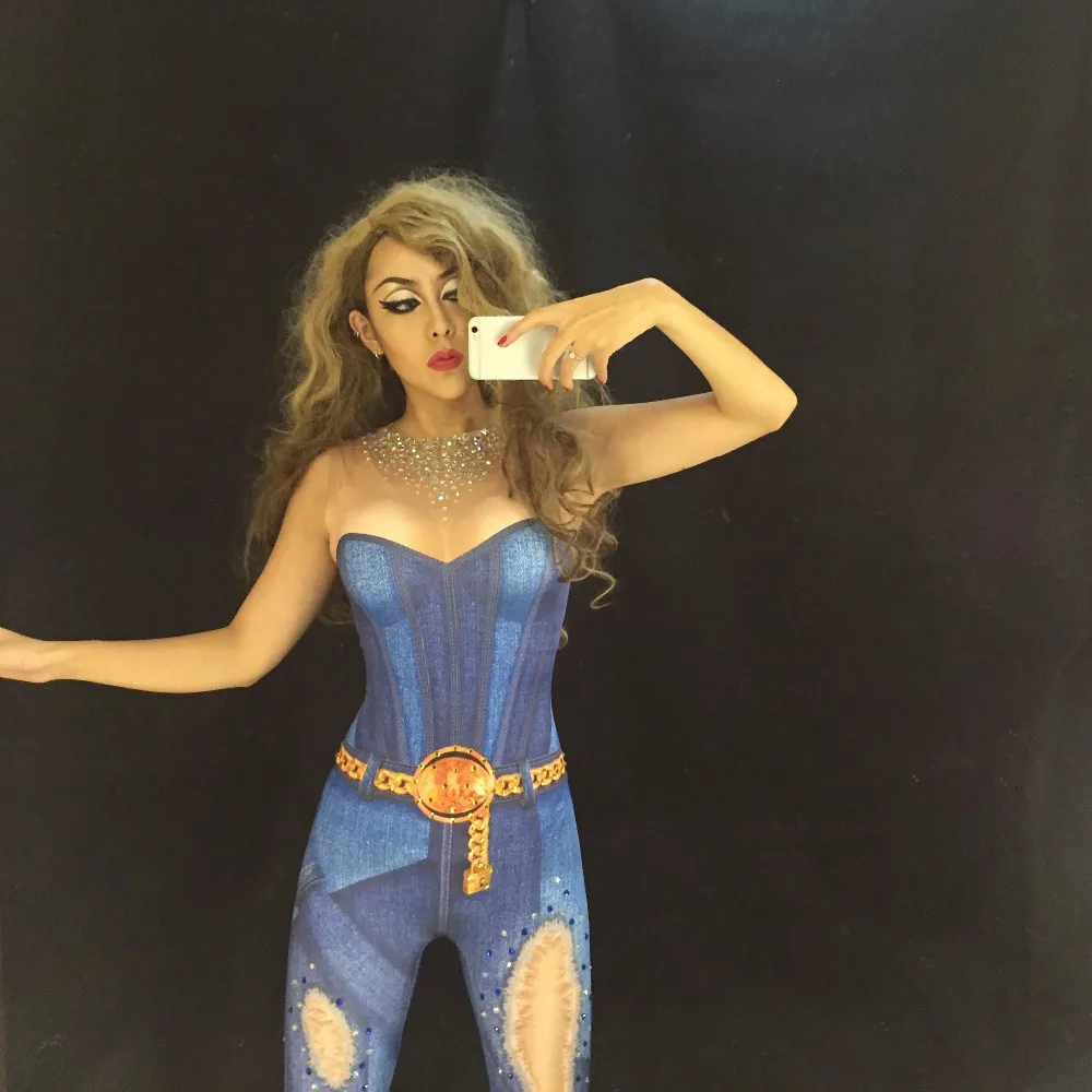 Women Sexy Jeans Painting Jumpsuit Nightclub Female Singer Dancer Stage Wear Crystals Bodysuit Party Big Stretch Costume
Women Sexy Jeans Painting Jumpsuit Nightclub Female Singer Dancer Stage Wear Crystals Bodysuit Party Big Stretch Costume
