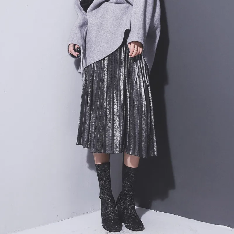 Fashion Midi Skirt Pleated Skirt Women Metallic Silver Skirt High Waist Long Skirt Metallic Party Club Ladies Clothes 2018
Fashion Midi Skirt Pleated Skirt Women Metallic Silver Skirt High Waist Long Skirt Metallic Party Club Ladies Clothes 2018