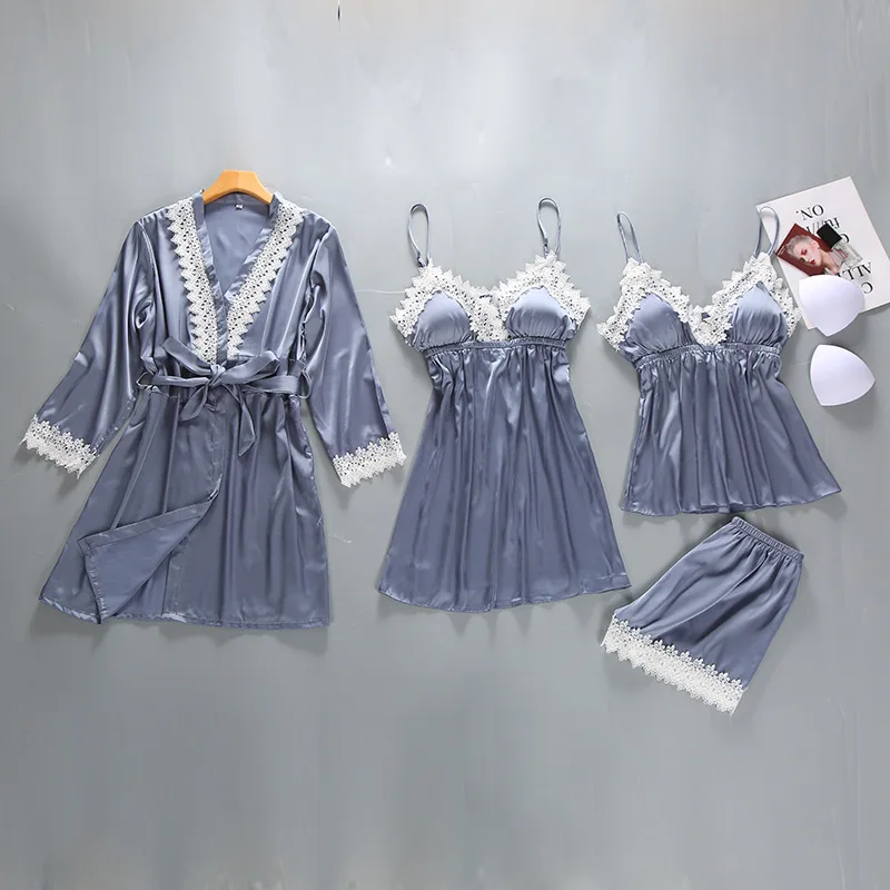Gray Womens 4PC Strap Top Pants Suit Pajamas Sleepwear Sets Spring Autumn Home Wear Nightwear Sexy Faux Silk Robe Bath Gown
Gray Womens 4PC Strap Top Pants Suit Pajamas Sleepwear Sets Spring Autumn Home Wear Nightwear Sexy Faux Silk Robe Bath Gown