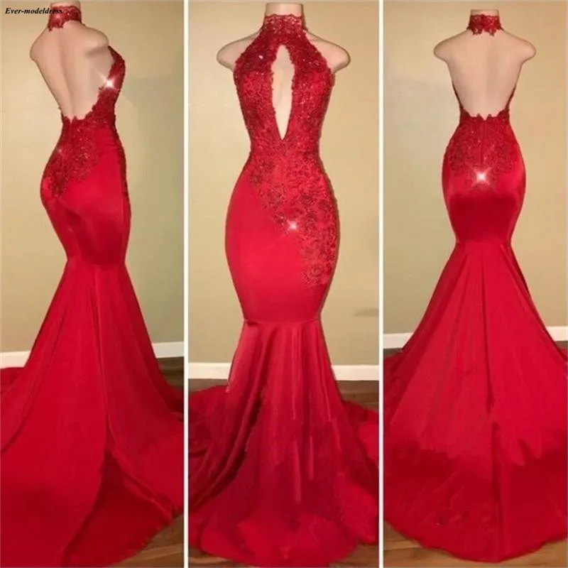 2019 Sexy Red Mermaid Evening Dresses Long Halter Appliques Backless Formal Gown African abiye Reflective Dress abito da sera
2019 Sexy Red Mermaid Evening Dresses Long Halter Appliques Backless Formal Gown African abiye Reflective Dress abito da sera