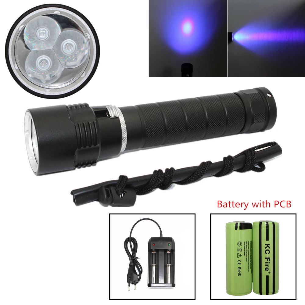 Waterproof Ultraviolet Diving Light 3x UV LED Lamp Diving Flashlight Scuba Torch Dive lanterna + PCB 26650 Battery + EU Charger
Waterproof Ultraviolet Diving Light 3x UV LED Lamp Diving Flashlight Scuba Torch Dive lanterna + PCB 26650 Battery + EU Charger