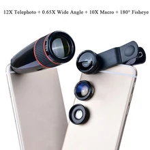 ABS Mobile Phone Lens 12X Telephoto + 0.65X Wide Angle + 10X Macro + 180Degrees Fisheye Universal Fish Eye lenses for Smartphone