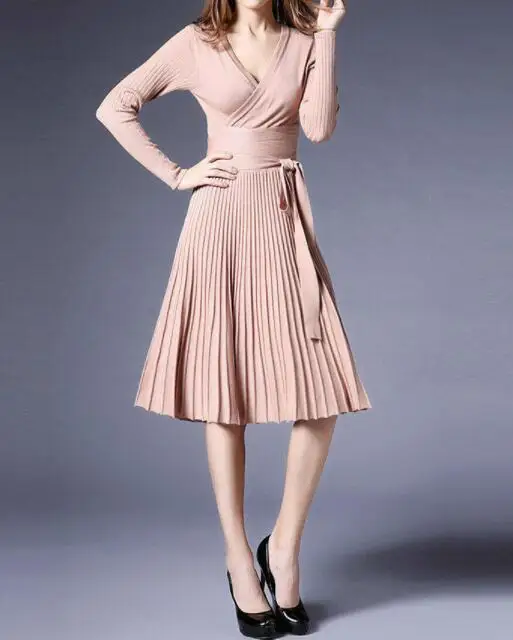 Women's Knitted Pleated V-Neck Midi Dress High Waist Bowtie Lace Up Vintage Woman's Dresses 2019 Summer Fashion Female Clothes
Women's Knitted Pleated V-Neck Midi Dress High Waist Bowtie Lace Up Vintage Woman's Dresses 2019 Summer Fashion Female Clothes