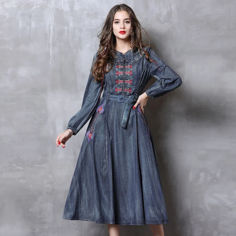 Spring 2019 Women Casual long Sleeve Vintage Embroidery Denim Dress Elegant Mid-Calf Fold Slim Cowboy Jeans dress
Spring 2019 Women Casual long Sleeve Vintage Embroidery Denim Dress Elegant Mid-Calf Fold Slim Cowboy Jeans dress